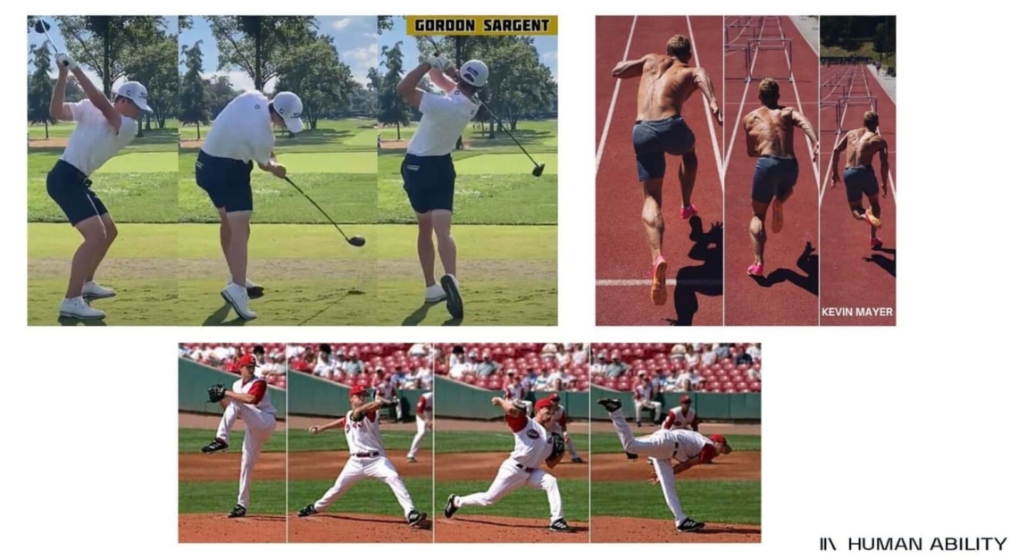 Fotomontaje con varias secuencias de imágenes de personas realizando una actividad deportiva: Golf, Atletismo, Béisbol.