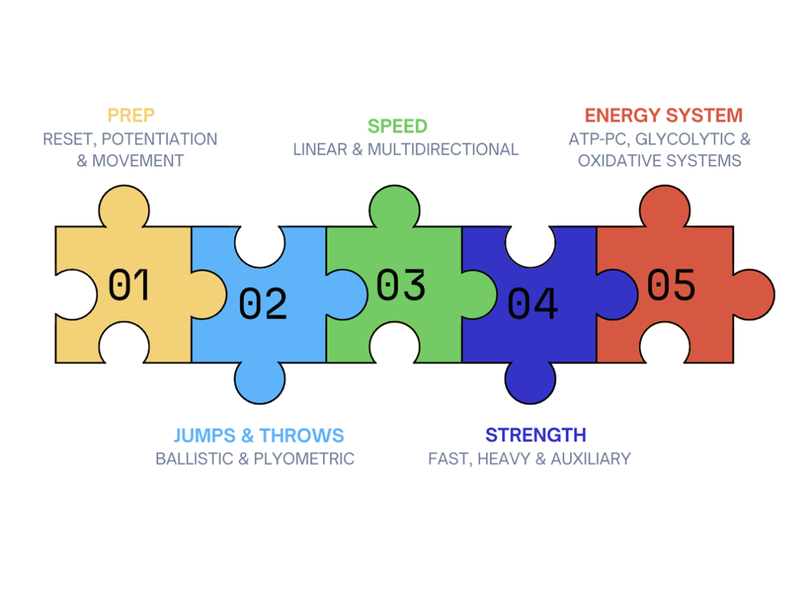 Infografía con cinco pasos: Prep, Jump & throws, Speed, Strength y Energy system.